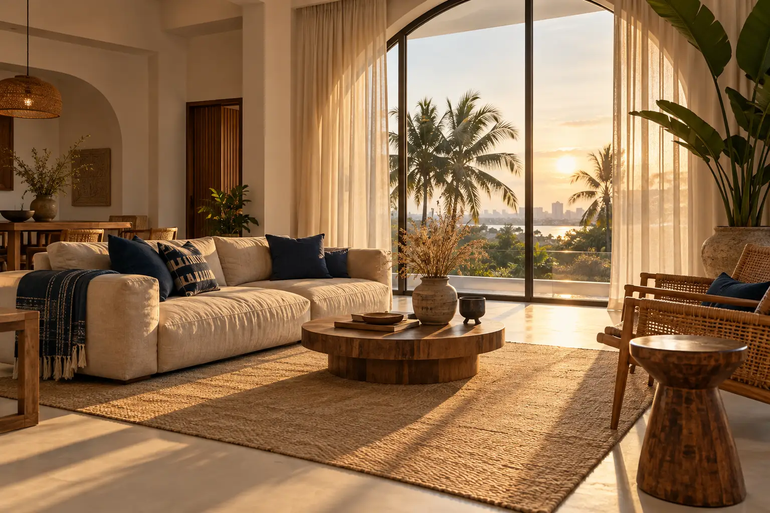 A warm living room in an Accra home with a large arched window