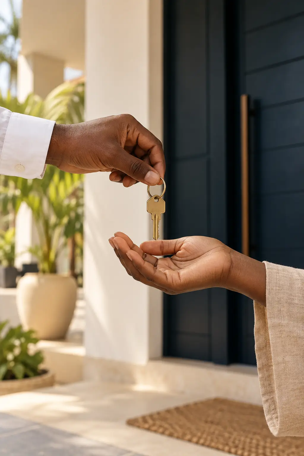 Hands passing a house key in a bright entrance