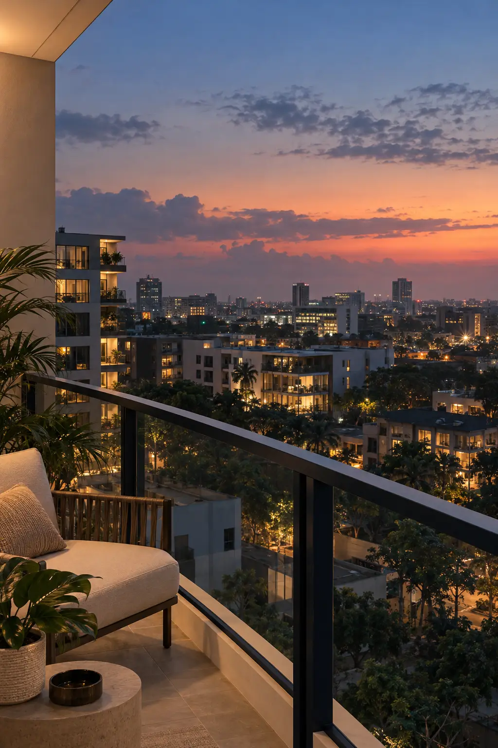 Accra skyline at dusk seen from a balcony