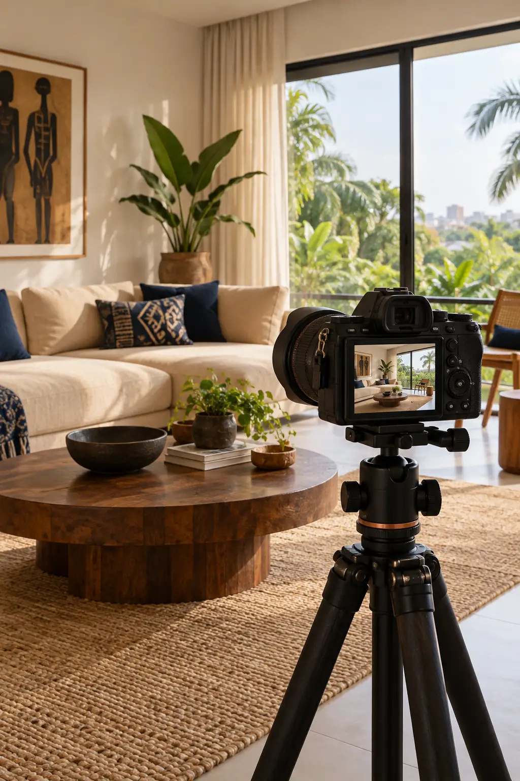 A camera on a tripod photographing a bright living room