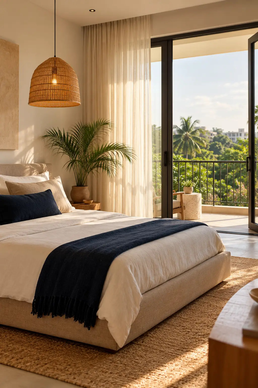A calm serviced bedroom with white and beige linen