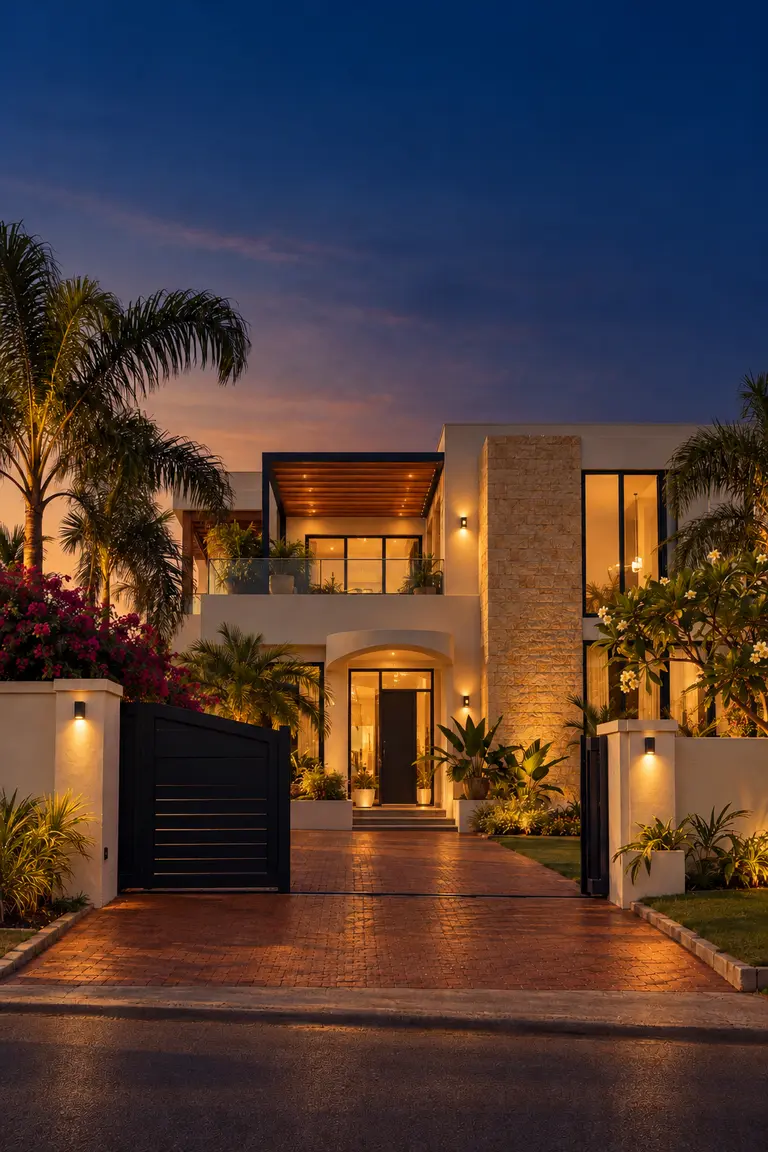 The same villa at blue hour with warm lights glowing inside